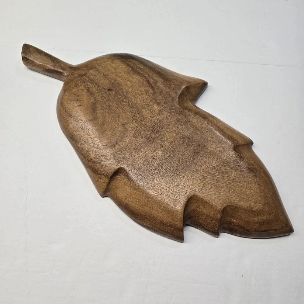 Mid Century MCM Carved Mahogany Wood‎ Divided Leaf Tray Platter 21.5